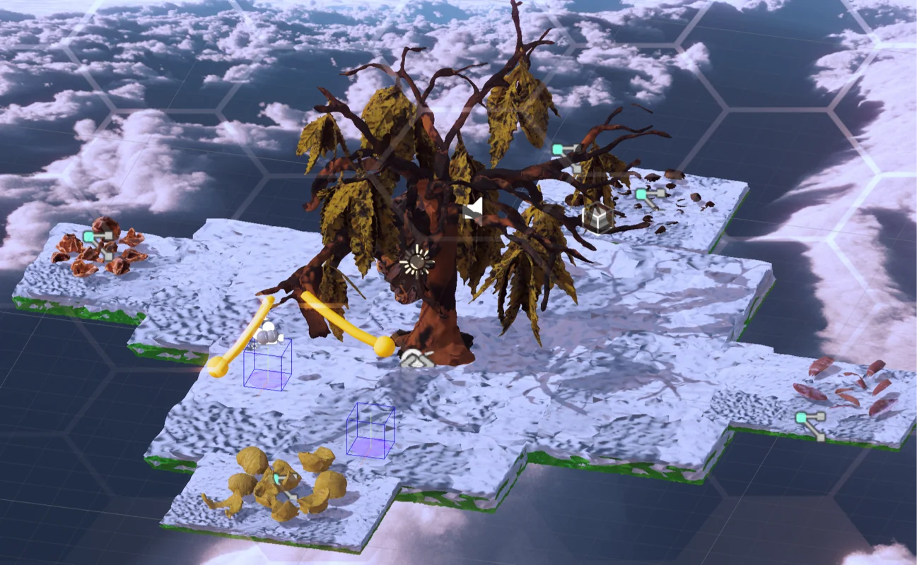 Panorama of the garden in its dead state — withered plants, dim light