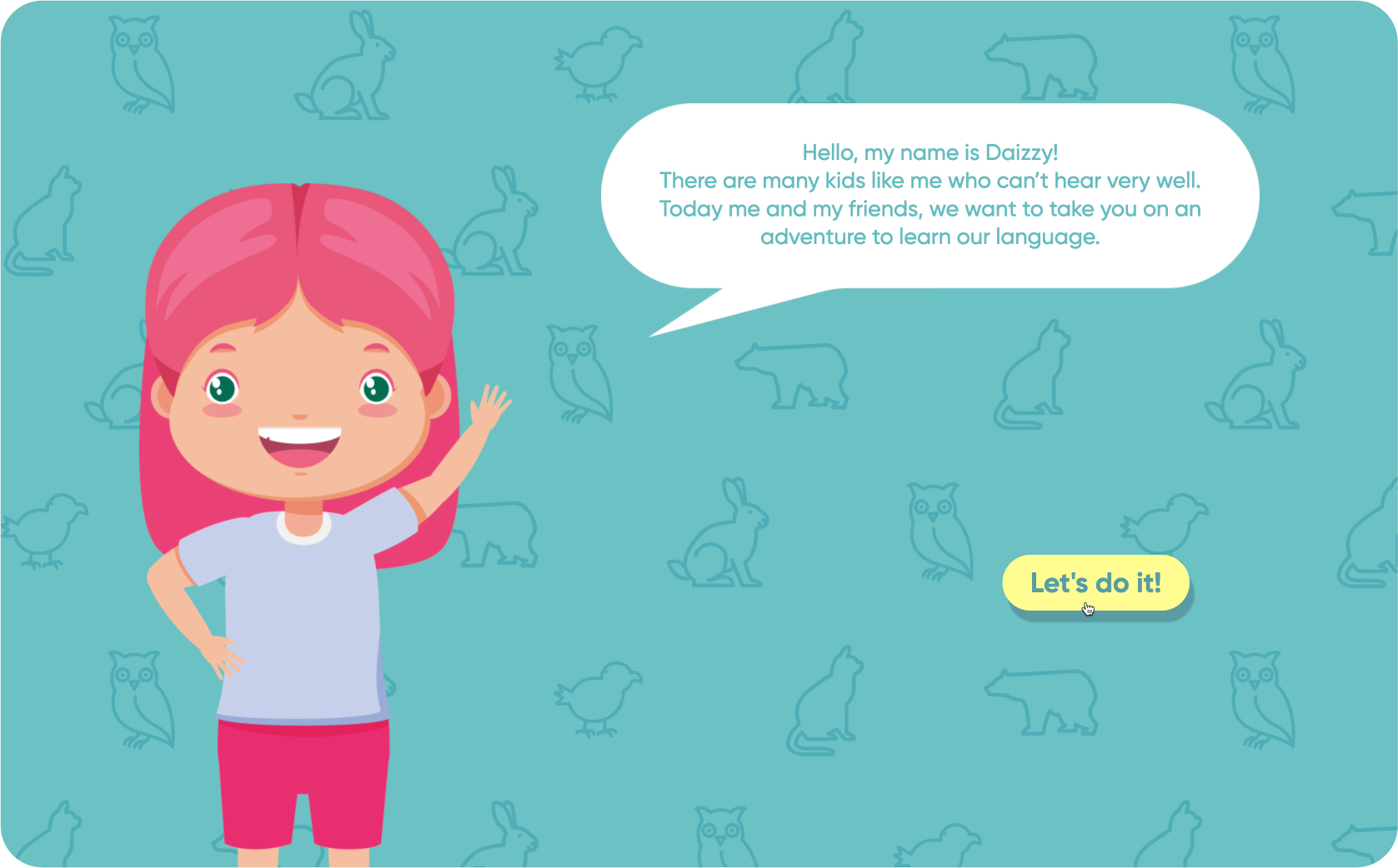 Instruction screen showing the ASL hand shape for bear paired with an illustrated bear