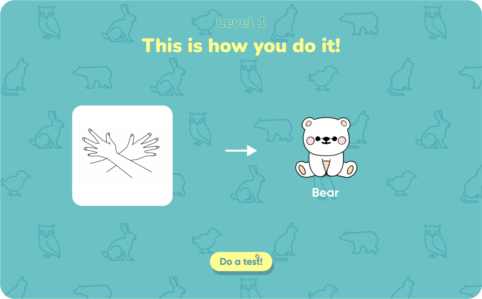 Success state: the user's correct sign is rewarded with a realistic AI-generated photo of the animal
