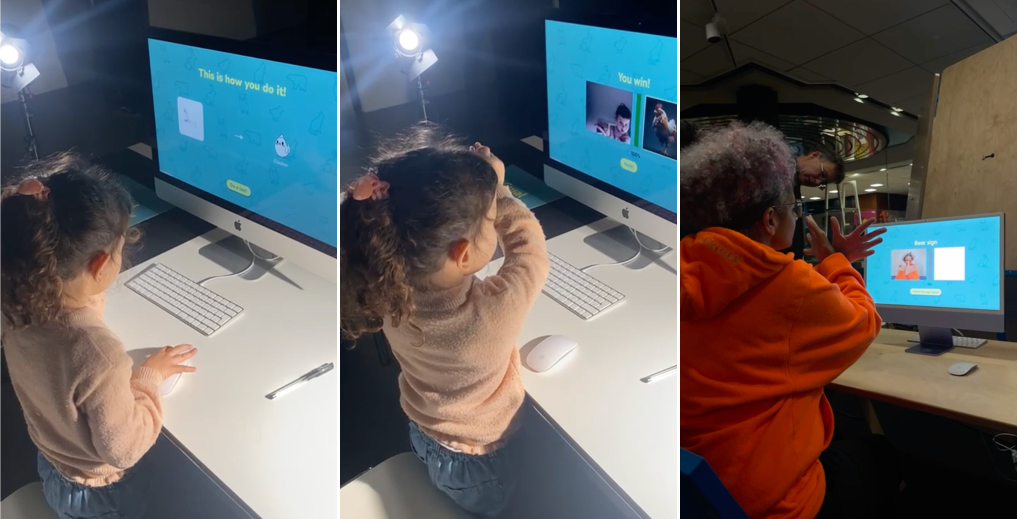 A child testing the prototype during the school open day, leaning close to the camera