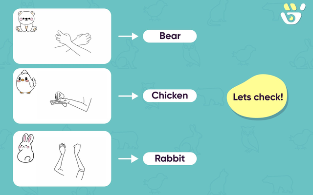 Version 01: Bear, chicken, and rabbit signs all shown together on a single screen with a 'Lets check!' button