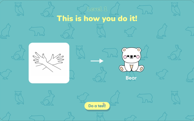 Version 02: a single sign at a time — a Level 1 screen showing only the bear sign with its illustration