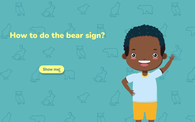 Version 02: a friendly character asks 'How to do the bear sign?', then a Bear sign test screen with the user's webcam view and a vertical progress bar that fills as the gesture is recognised, ending in a 'You win!' state with a real bear photograph
